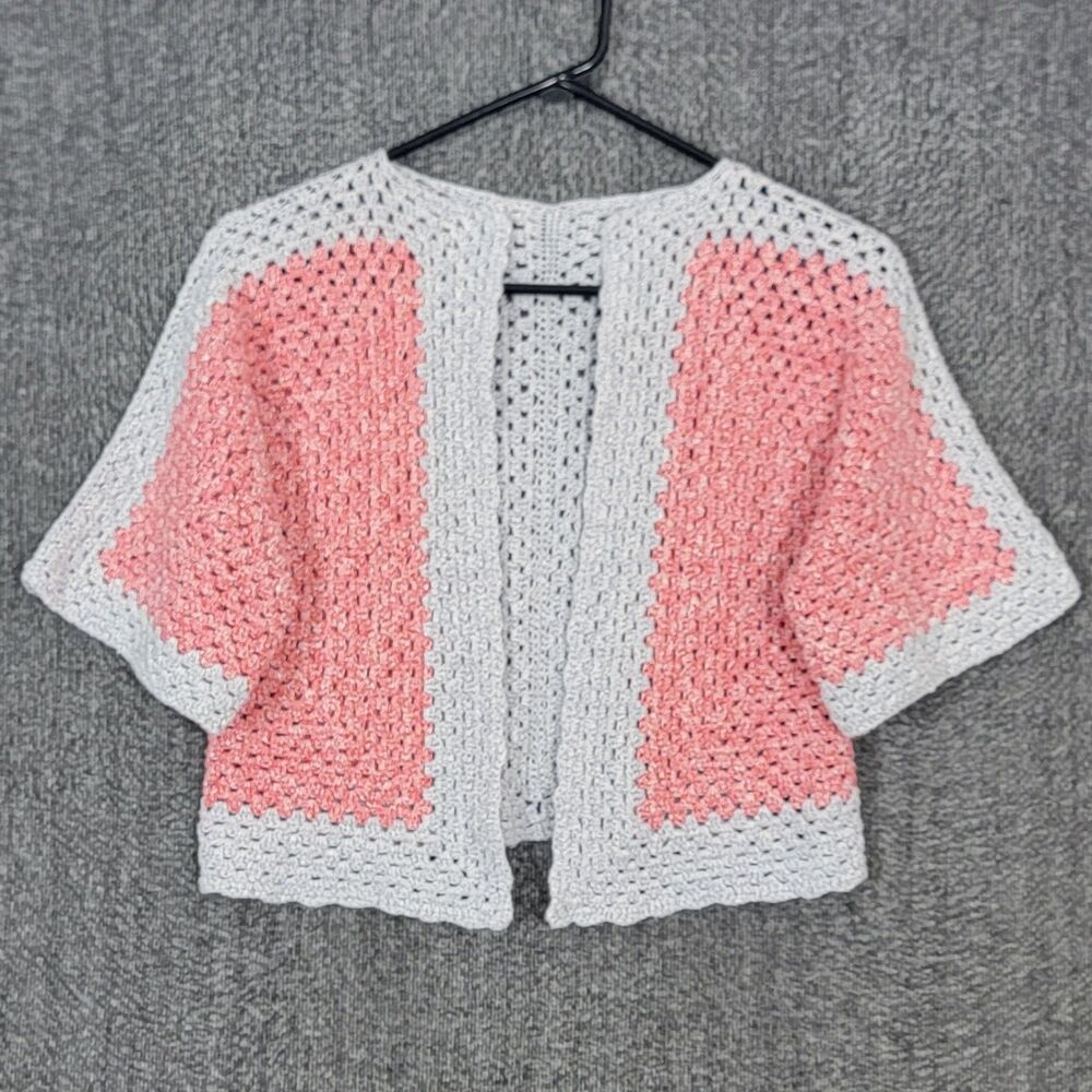Handmade Crochet Cardigan Sweater Girls Medium Red & Gray Open Front Knit